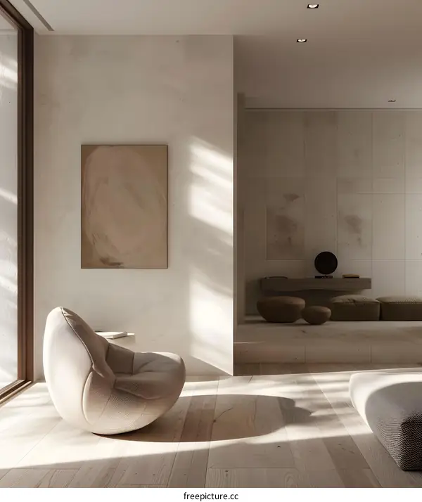 Minimalist Living Room with Beige Walls and Abstract Painting