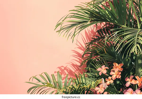 Tropical Palm Leaves and Flowers Against a Pink Wall