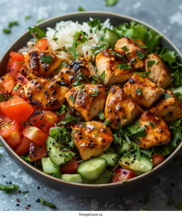 A bowl of chicken teriyaki with vegetables and rice