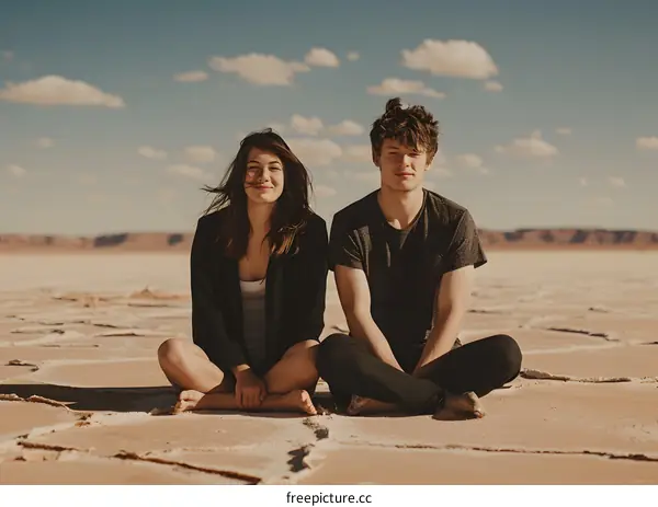 Couple Sitting on Salt Flats Desert