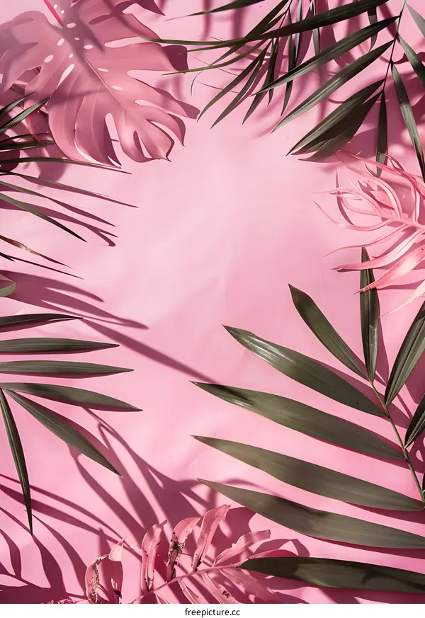 Pink Background with Tropical Leaves