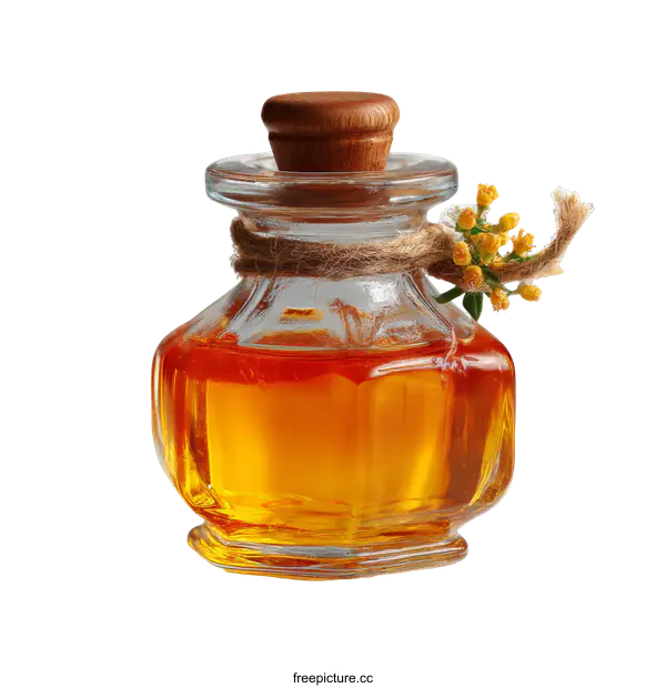 [Transparent Background PNG]Small Glass Bottle of Orange Liquid with Flowers
