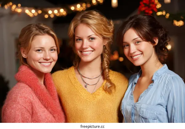 Three Young Women Smiling Outdoors at Night