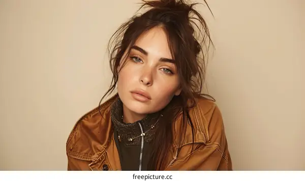 Portrait of a young woman with brown hair and green eyes wearing a brown jacket
