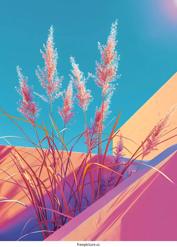 Pink Grass with Blue Sky and Peach Background