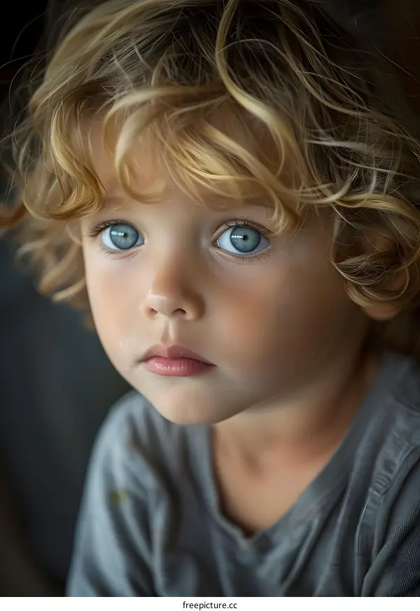 Portrait of a Young Boy with Blue Eyes and Blonde Curly Hair