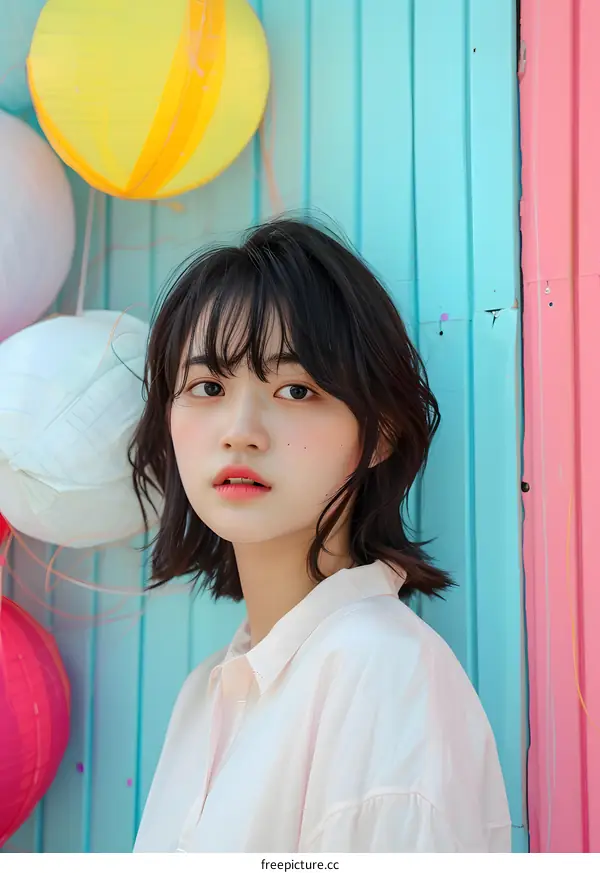 Asian Woman with Short Hair in Front of Colorful Wall