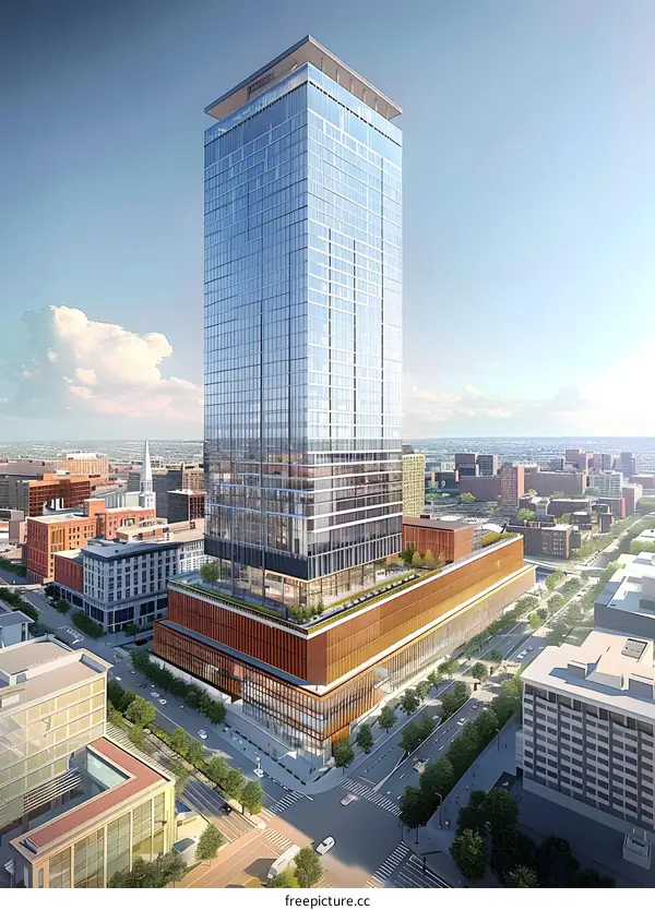 A rendering of a skyscraper made of glass and copper with a bronze podium