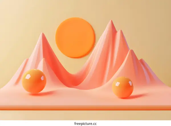 Abstract 3D Rendered Illustration of Pink Mountains and Orange Balls under a Yellow Sun