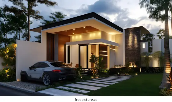 Modern Minimalist House Design with a Car in the Driveway
