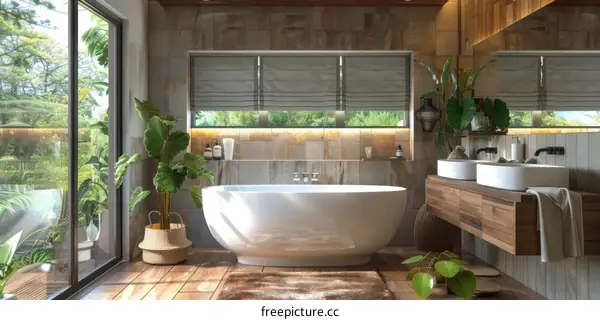Bathroom with a large bathtub and a lot of plants