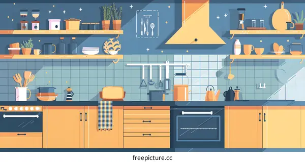 Modern Kitchen Interior Design with Yellow Cabinets and Wooden Shelves