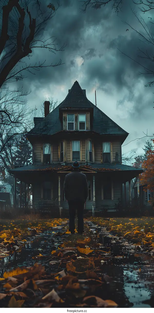 Man standing in front of a haunted house