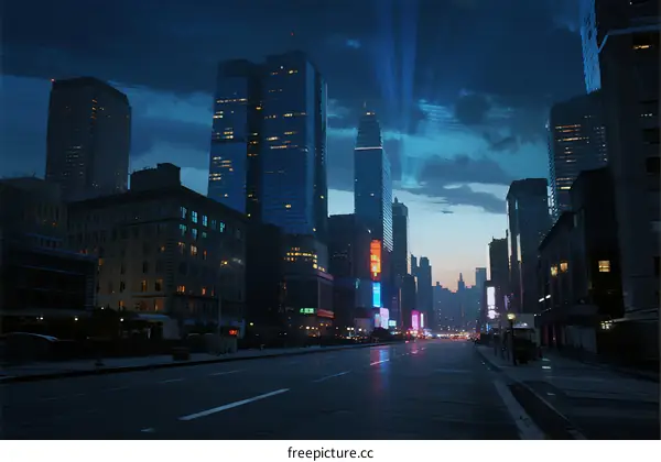 Cityscape at dusk with tall buildings and illuminated streets