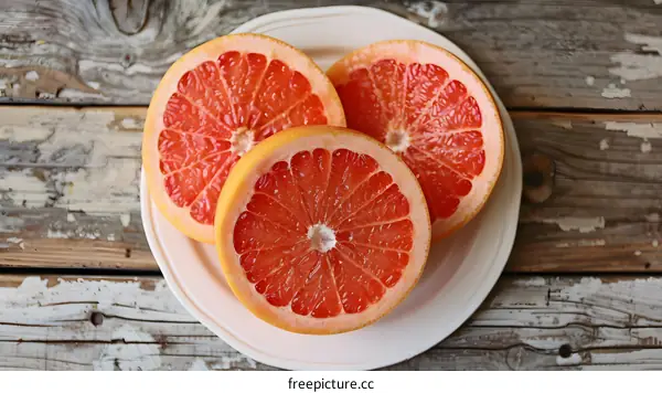 Three Grapefruit Halves on a White Plate