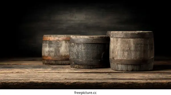 Vintage Wooden Barrels on Rustic Wooden Table