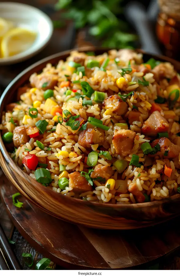 fried rice with chicken and vegetables in a wooden bowl