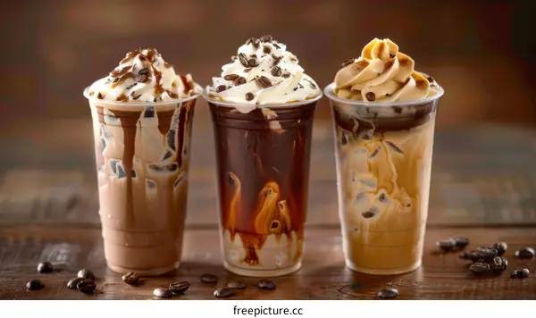 Three plastic cups of iced coffee with whipped cream and chocolate, caramel, and coffee bean toppings