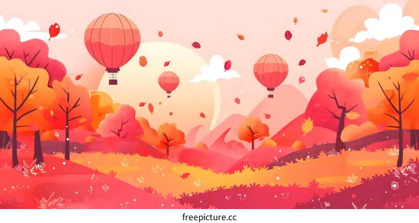 Autumn Landscape With Hot Air Balloons