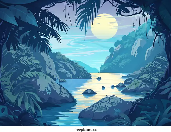 Jungle River Landscape With Moon and Rocks