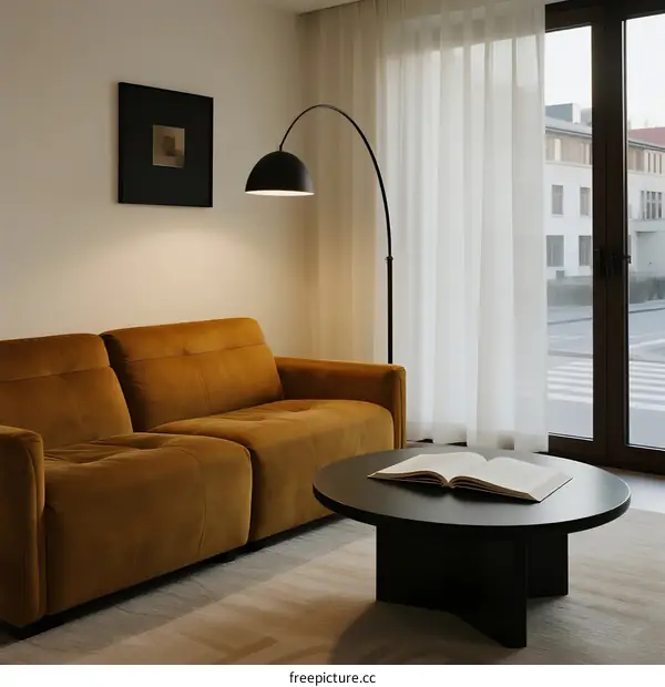 Modern Living Room with Brown Sofa and Round Coffee Table