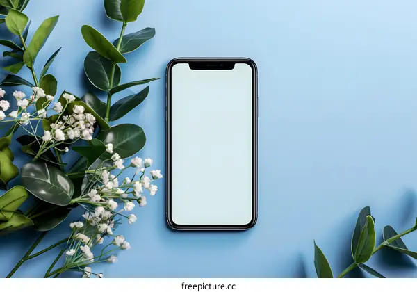 Blank Smartphone Screen Mockup with Flowers on a Blue Background