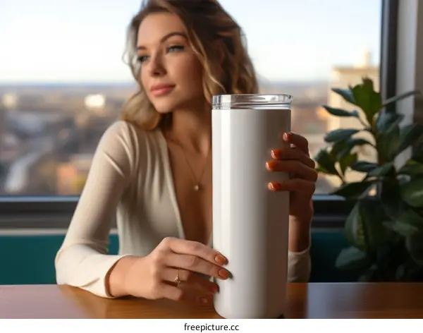 Elegant woman in white dress holding a large white tumbler