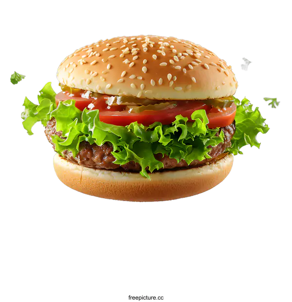 [Transparent Background PNG]Delicious burger with flying ingredients