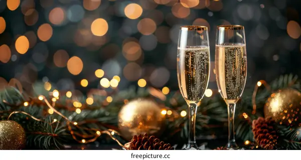 Two Champagne Glasses Clinking with Festive Lights