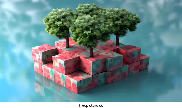 Floating Island With Green Trees on a Cube Platform