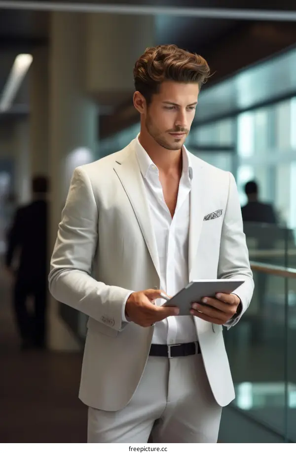 Young professional man in a suit using a tablet