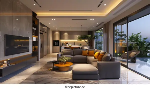 Modern luxury living room interior design with sofa, television, coffee table, and kitchen in the background