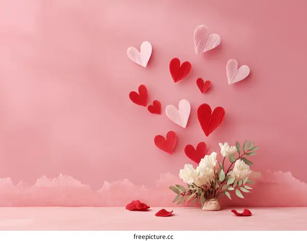 Romantic Valentines Day Background with Paper Hearts and Flowers