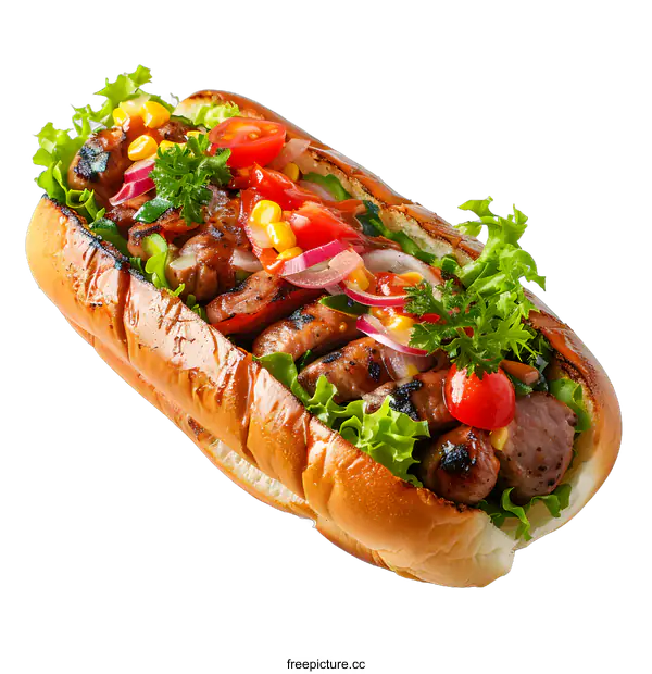[Transparent Background PNG]Close Up of Grilled Sausage Hot Dog With Toppings