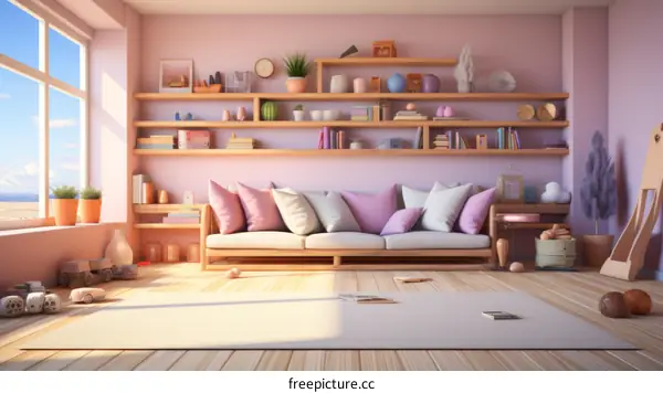 A Modern Living Room Area with Cozy Sofa and Woven Rug Under Large Windows