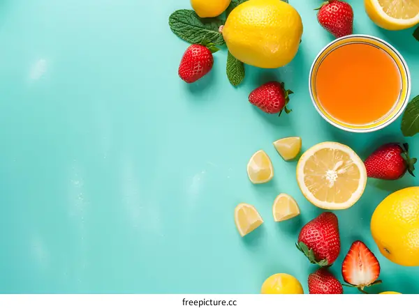 Summer Fruit Lemonade Recipe with Mint Leaves on Teal Background