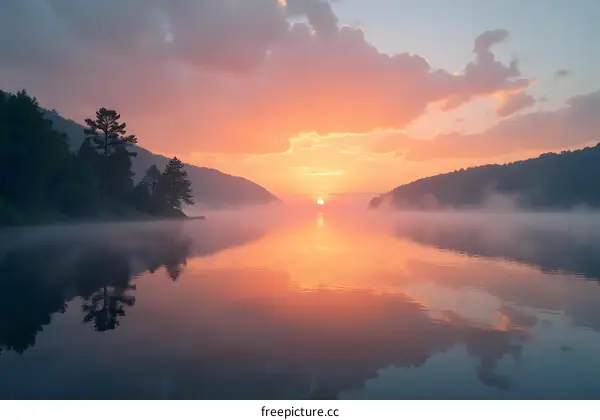 Sunrise over Misty Lake Reflections