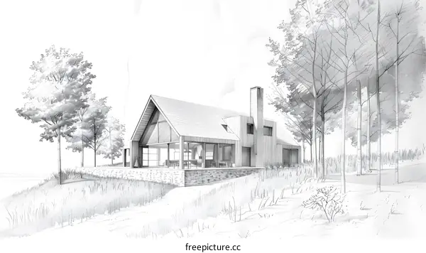Pencil Sketch Drawing of a Modern House with a Large Glass Window