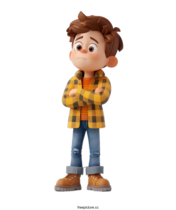 [Transparent Background PNG]3D Cartoon Illustration of a Sad Boy with Crossed Arms