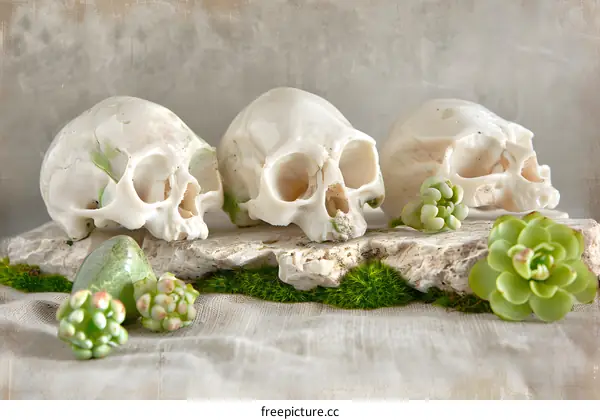 Three Skulls and Succulents on Stone Slab
