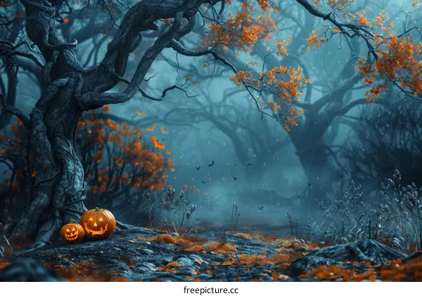 Spooky Halloween night scene with pumpkins and bats