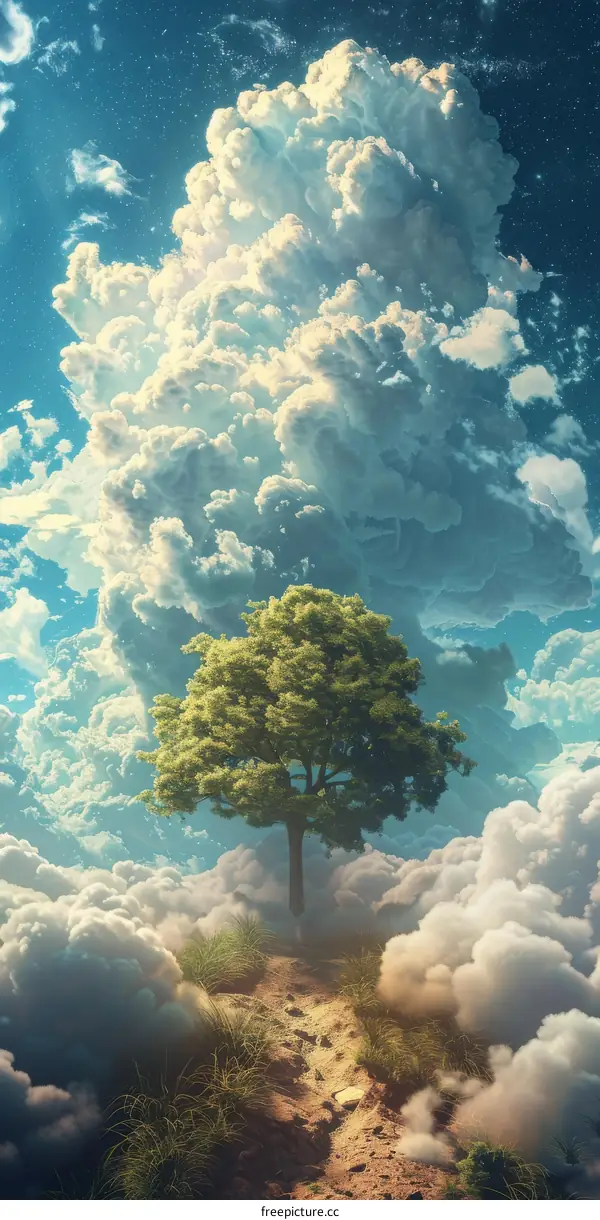 Lonely Tree on a Hilltop Surrounded by Clouds