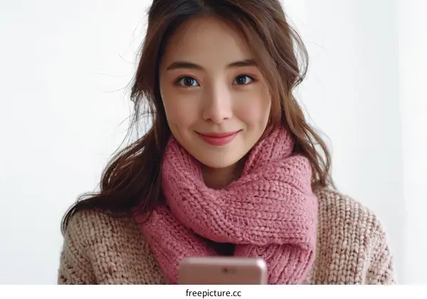 A young woman in a pink scarf is smiling at the camera.
