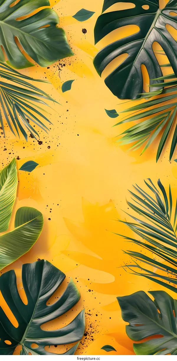 Tropical Leaves on Yellow Background