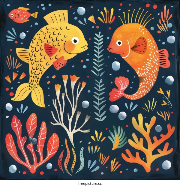 Two Yellow Fish and Colorful Aquatic Plants