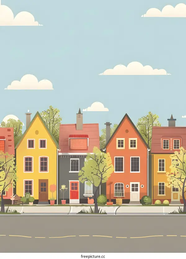 Illustration of Colorful Houses on a Street with Trees