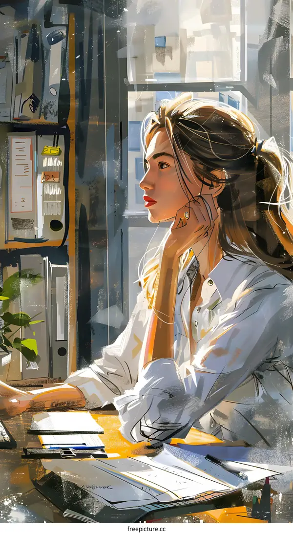 Woman Sitting at Desk Looking Out Window