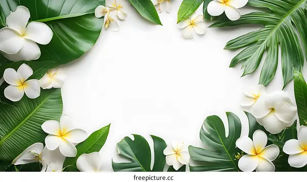 Tropical Floral Frame With White Flowers and Green Leaves on White Background