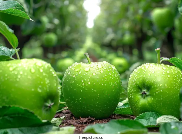 Three Green Apples in Orchard