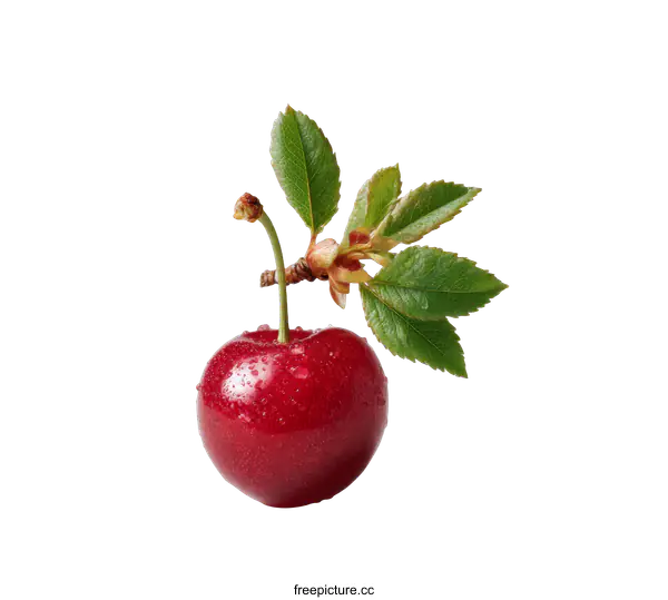 [Transparent Background PNG]Fresh Red Cherry with Leaves on a White Background